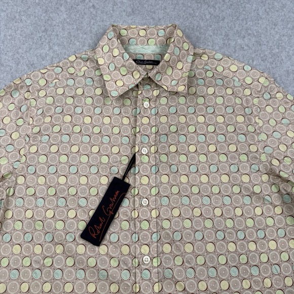Robert Graham Shirt Mens Medium Beige Geometric Button Up Short Sleeve Cotton - Picture 1 of 11